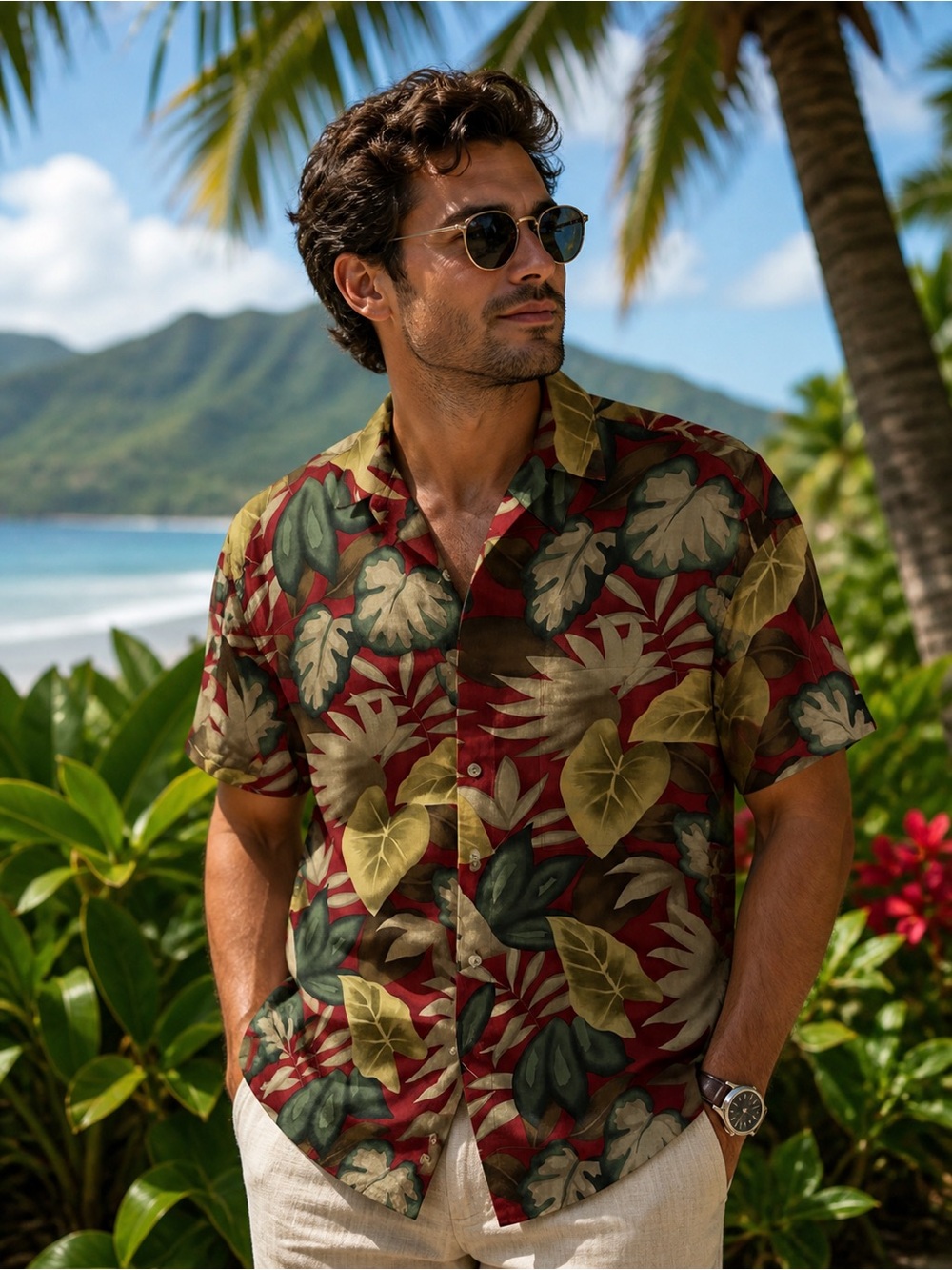 Campia Men’s Hawaiian Shirt Sz M Tropical Leaf Print Button Front NWT